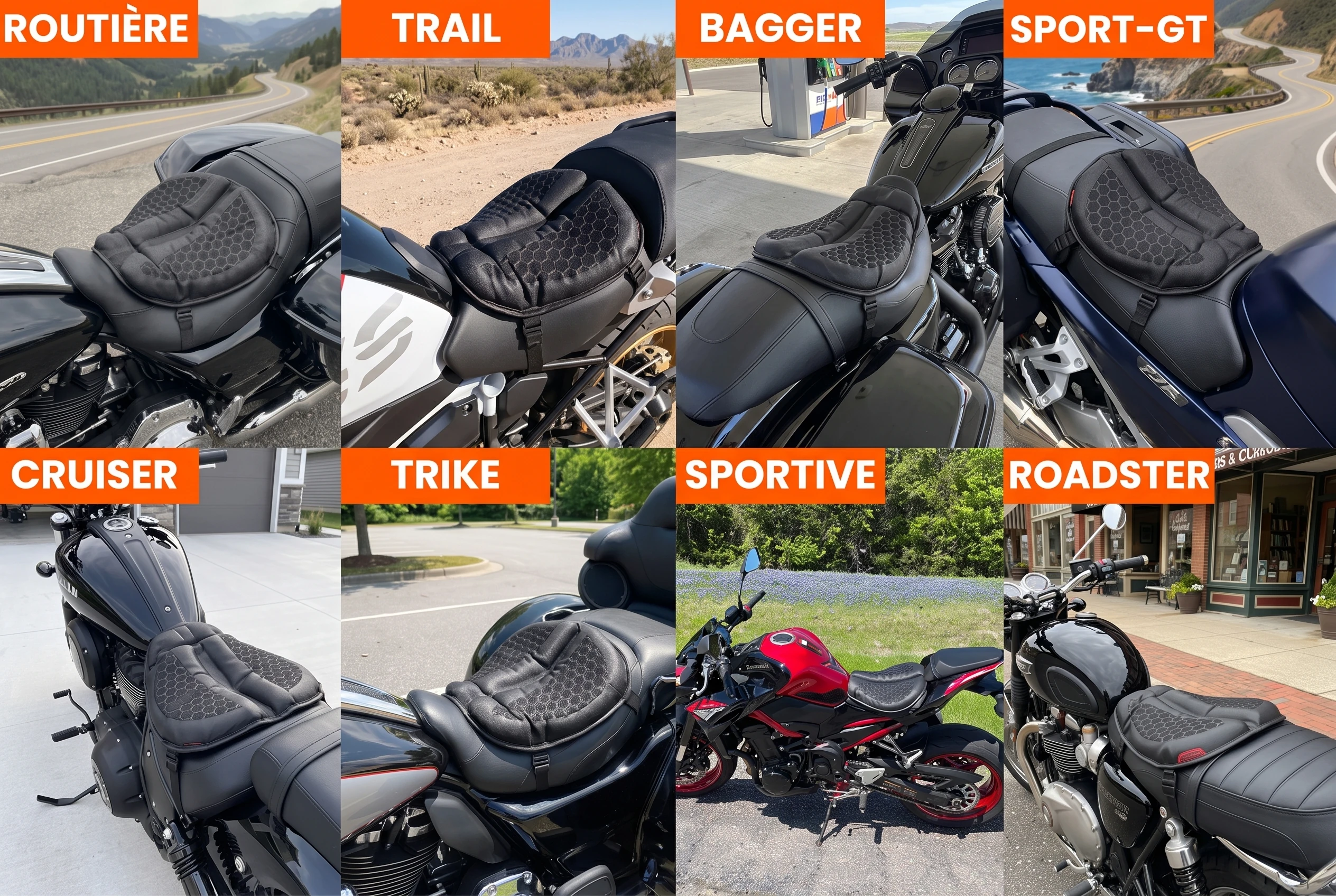 SelleZen installée sur huit types de motos : routière, trail, bagger, sport-GT, cruiser, trike, sportive, roadster