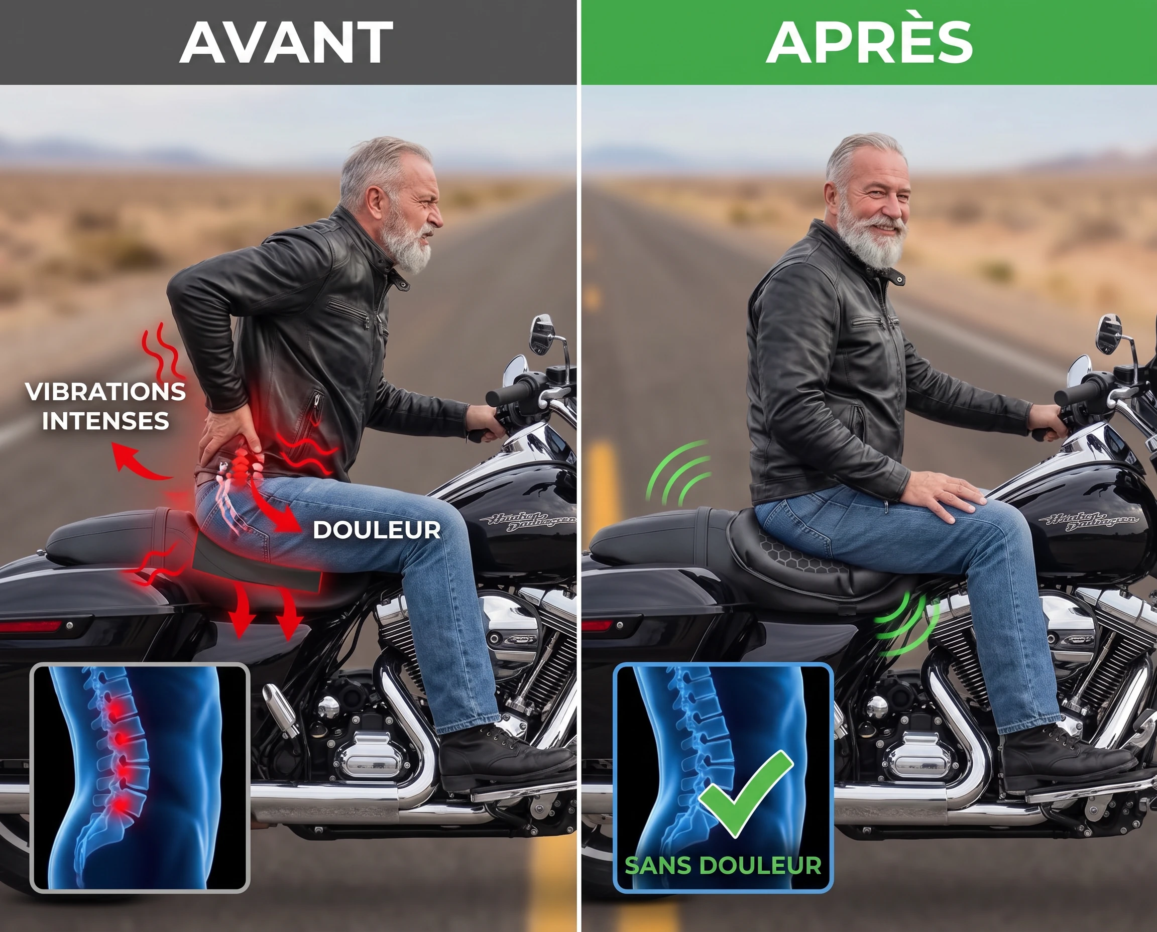 Avant / après : vibrations et douleur lombaire contre position sans douleur avec SelleZen