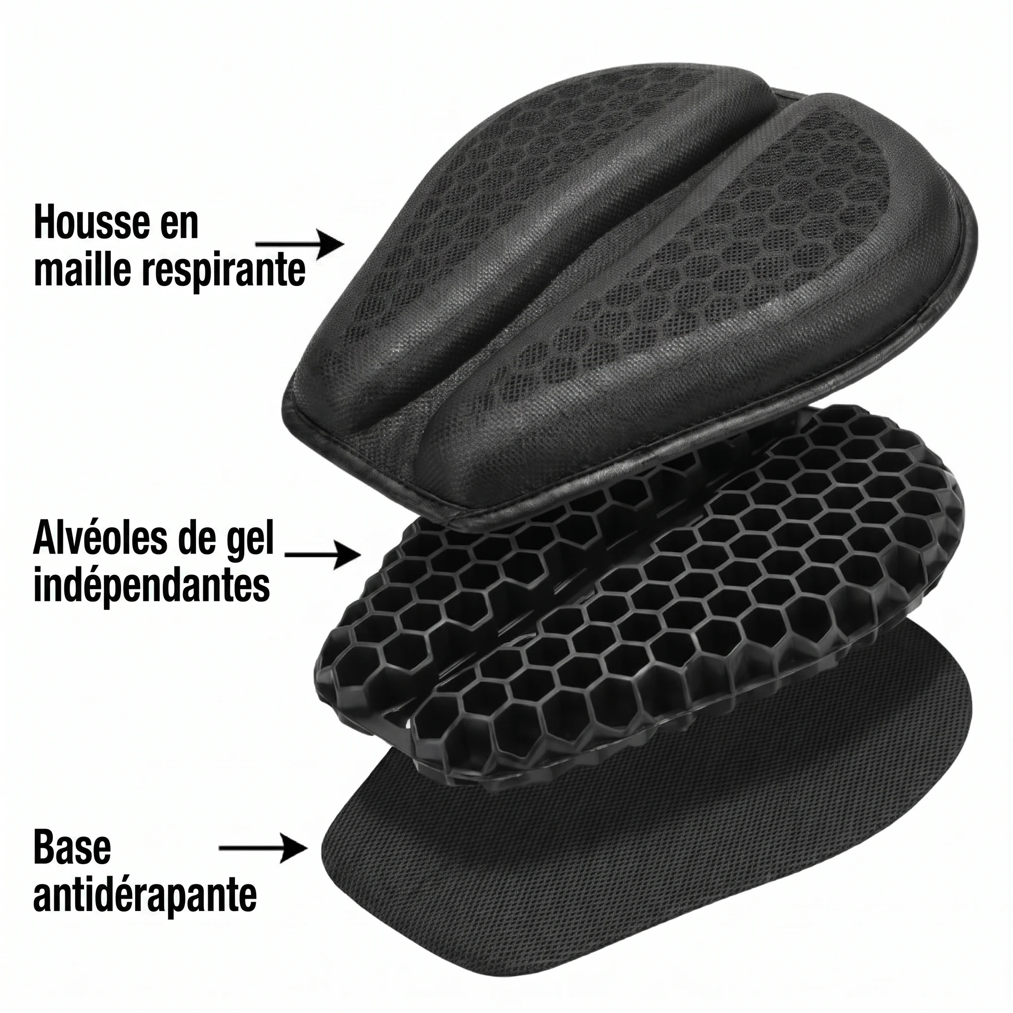 Vue éclatée : housse en maille respirante, alvéoles de gel indépendantes, base antidérapante